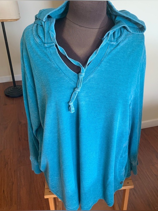 Jane and Delancey Tops - Turquoise 2X cotton Hooded Knit Pullover